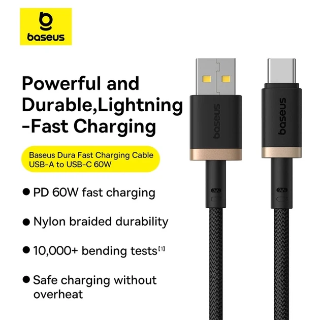 Кабель Baseus Dura Series Fast Charging Cable USB to Type-C 60W 1m Gold+Black - зображення 9