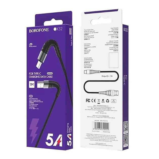 Кабель BOROFONE BX32 USB to Type-C 2.4A, 1m, nylon, aluminum+TPE connectors, Black - Фото 2 Кабель BOROFONE BX32 USB to Type-C 2.4A, 1m, nylon, aluminum+TPE connectors, Black - изображение 2