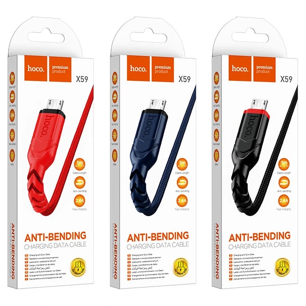 Кабель HOCO X59 USB to Micro 2.4A, 1m, nylon, TPE connectors, Blue - изображение 3
