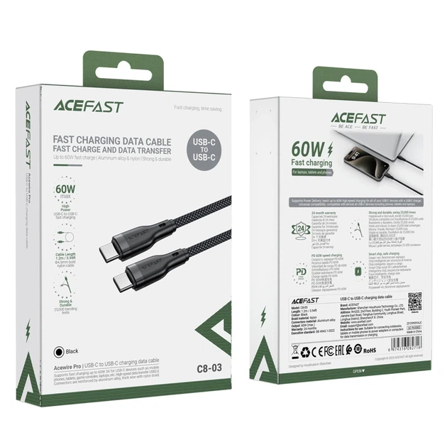 Кабель ACEFAST C8-03 USB-C to USB-C charging data cable Black - Фото 2 Кабель ACEFAST C8-03 USB-C to USB-C charging data cable Black - изображение 2