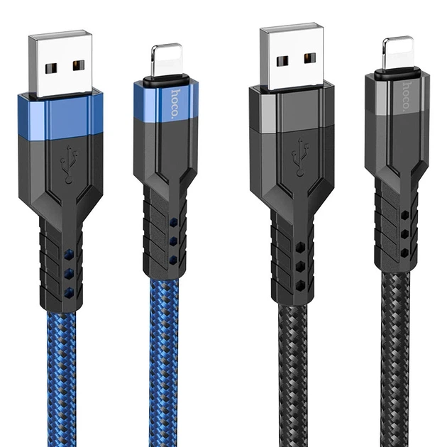 Кабель HOCO U110 USB to iP 2.4A, 1.2m, nylon, aluminum connectors, Black - Фото 4 Кабель HOCO U110 USB to iP 2.4A, 1.2m, nylon, aluminum connectors, Black - зображення 4