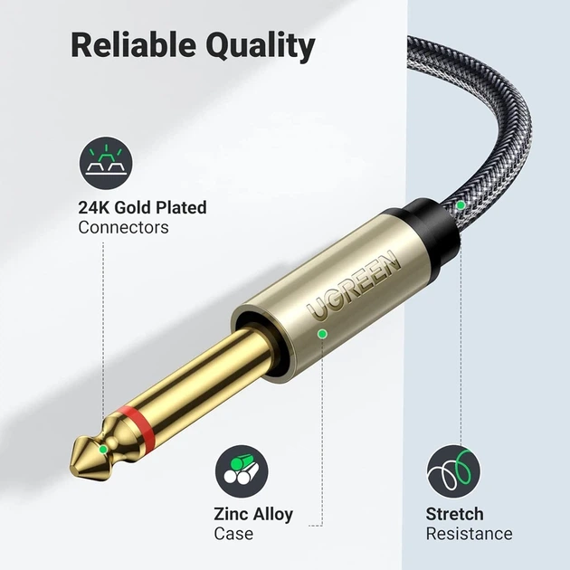 Аудіокабель UGREEN 3.5mm TRS to Dual 6.35mm TS Audio Cable 1m (Gray) - изображение 5
