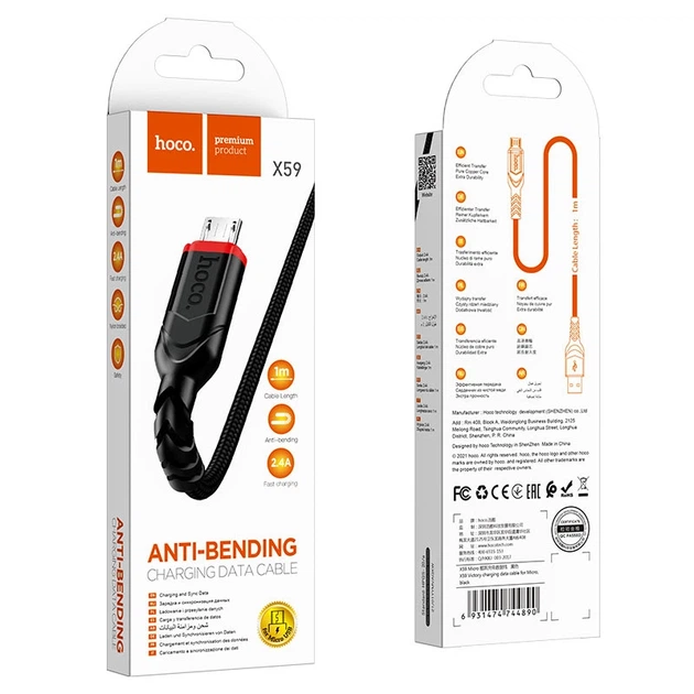Кабель HOCO X59 USB to Micro 2.4A, 1m, nylon, TPE connectors, Black - изображение 2