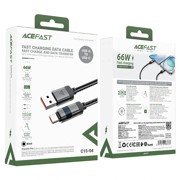 Кабель ACEFAST C15-04 USB-A to USB-C zinc alloy digital display braided charging data cable Black - Фото 2 Кабель ACEFAST C15-04 USB-A to USB-C zinc alloy digital display braided charging data cable Black - изображение 2
