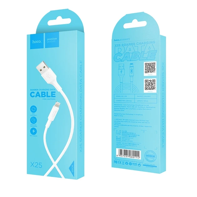 Кабель HOCO X25 USB to iP 2A, 1m, PVC, PVC connectors, White - изображение 6