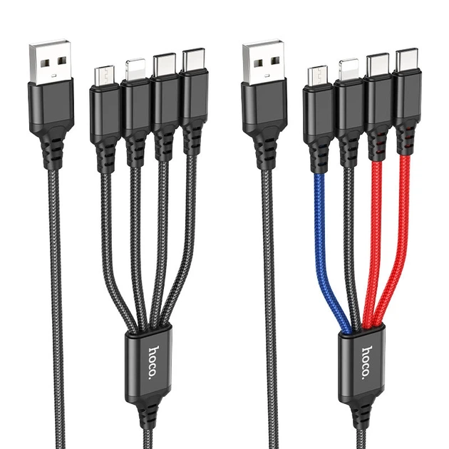 Кабель HOCO X76 USB to iP+Type-C+Type-C+Micro 2A, 1m, nylon, aluminum connectors Black+Red+Blue - Фото 3 Кабель HOCO X76 USB to iP+Type-C+Type-C+Micro 2A, 1m, nylon, aluminum connectors Black+Red+Blue - изображение 3
