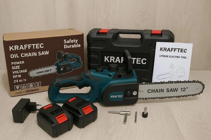 Аккумуляторная цепная пила Krafftec 12" 52V 6Ah 2500 Вт безщеточная с автоматической смазкой 2 АКБ 10000 об/мин кейс - изображение 2
