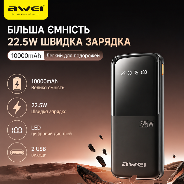 Повербанк AWEI P10K 10000 мАг 22.5 Вт швидка зарядка 2 USB та 1 Type-C чорний (10513) - зображення 7