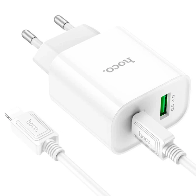 Мережевий зарядний пристрій з кабелем HOCO C80A Plus Rapido PD20W+QC3.0 charger set(C to iP) White - Фото 5 Мережевий зарядний пристрій з кабелем HOCO C80A Plus Rapido PD20W+QC3.0 charger set(C to iP) White - зображення 5