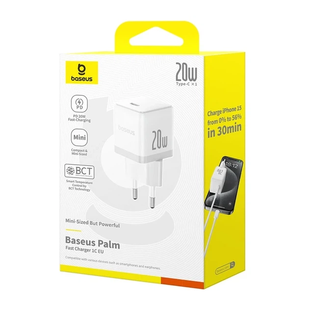 Мережевий зарядний пристрій Baseus Palm Fast Charger 1C 20W EU Moon White - Фото 2 Мережевий зарядний пристрій Baseus Palm Fast Charger 1C 20W EU Moon White - изображение 2
