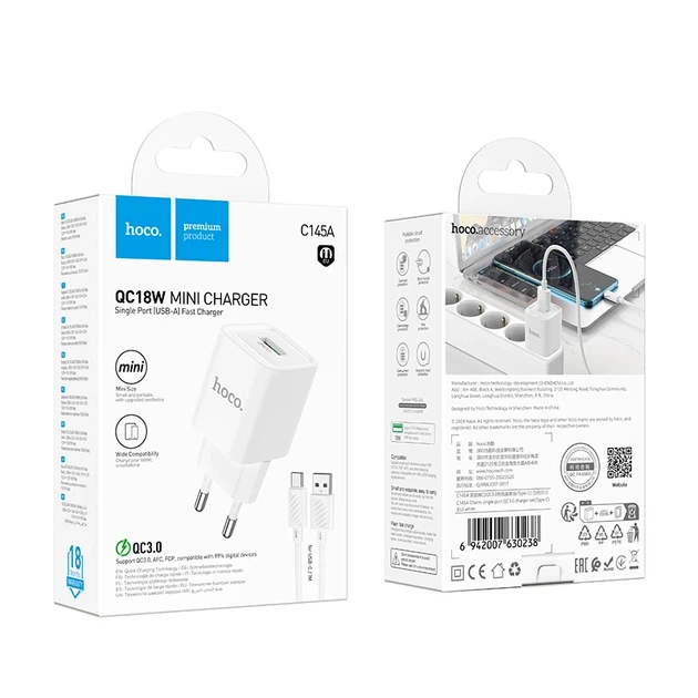 Мережевий зарядний пристрій з кабелем HOCO C145A Charm single port QC3.0 charger set(Type-C) White - Фото 2 Мережевий зарядний пристрій з кабелем HOCO C145A Charm single port QC3.0 charger set(Type-C) White - зображення 2