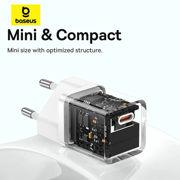 Мережевий зарядний пристрій з кабелем Baseus GaN5 Fast Charger(mini) 1C 30W EU Moon White(With: Fast Charging Data Cable Type-C) - Фото 14 Мережевий зарядний пристрій з кабелем Baseus GaN5 Fast Charger(mini) 1C 30W EU Moon White(With: Fast Charging Data Cable Type-C) - изображение 14