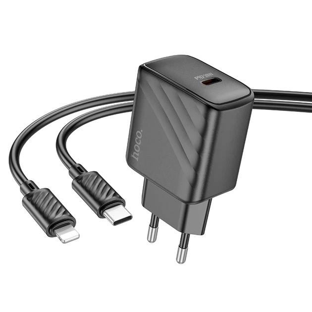 Мережевий зарядний пристрій з кабелем HOCO CS22A Value single port PD30W charger set(C to iP) Black - Фото 4 Мережевий зарядний пристрій з кабелем HOCO CS22A Value single port PD30W charger set(C to iP) Black - зображення 4