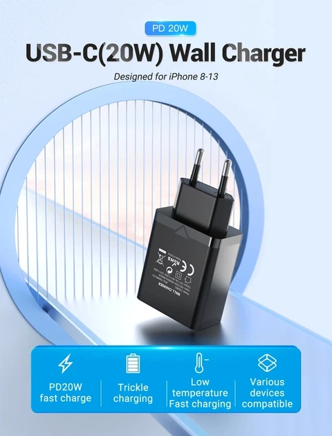 Мережевий зарядний пристрій Vention 1-port USB-C Wall Charger(20W) EU-Plug Black (FADB0-EU) - изображение 7