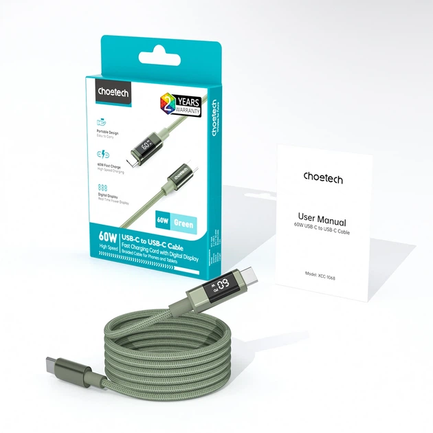 Кабель CHOETECH PD60W USB-C to USB-C Digital Display 1.2 м Nylon Green (6932112112231) - зображення 3