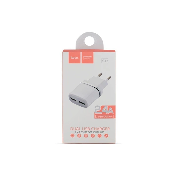 Мережевий зарядний пристрій HOCO C12 Smart dual USB charger 12W White - Фото 2 Мережевий зарядний пристрій HOCO C12 Smart dual USB charger 12W White - изображение 2