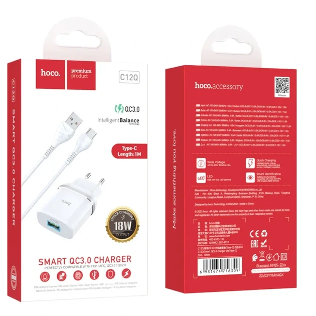 Мережевий зарядний пристрій з кабелем HOCO C12Q Smart QC3.0 charger set(Type-C) 18W White - Фото 2 Мережевий зарядний пристрій з кабелем HOCO C12Q Smart QC3.0 charger set(Type-C) 18W White - зображення 2