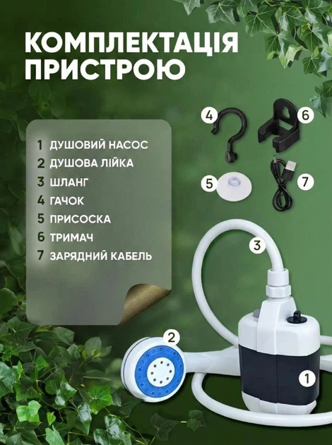 Акумуляторний переносний душ USB для кемпінгу та дачі, портативний туристичний душ з насосом Опис: - изображение 5