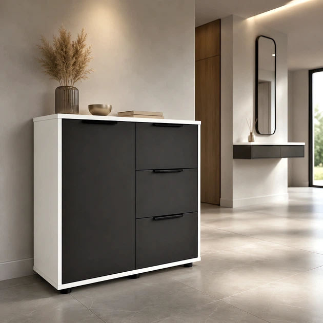 Современный комод Elva 800×450×750 с ящиками и полками для спальни, гостиной и прихожей Антрацит/Белый - Фото 4 Современный комод Elva 800×450×750 с ящиками и полками для спальни, гостиной и прихожей Антрацит/Белый - изображение 4