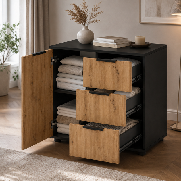 Современный комод Elva 800×450×750 с ящиками и полками для спальни, гостиной и прихожей Дуб Артизан/Антрацит - изображение 3