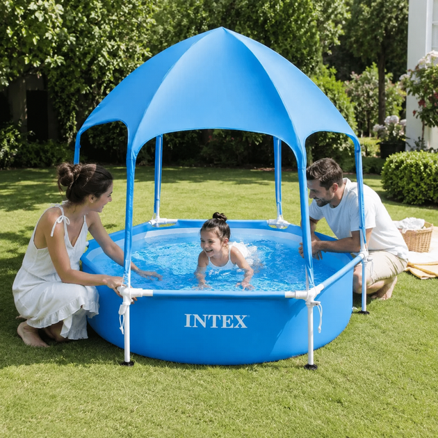 Детский каркасный бассейн Intex 28209 188x38 см 700 л с навесом Круглый бассейн для детей Летний каркасный бассейн с крышей для дома дачи сада двора отдыха Голубой - изображение 2