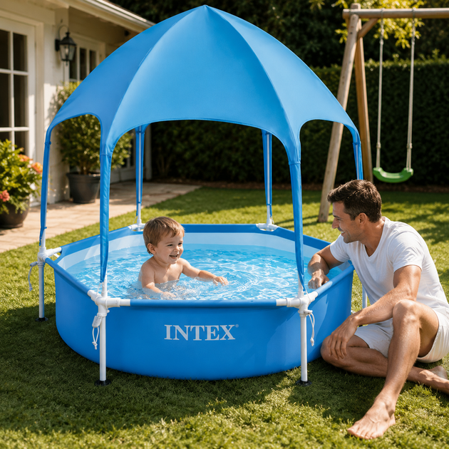 Детский каркасный бассейн Intex 28209 188x38 см 700 л с навесом Круглый бассейн для детей Летний каркасный бассейн с крышей для дома дачи сада двора отдыха Голубой - изображение 3