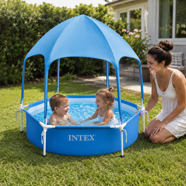 Детский каркасный бассейн Intex 28209 188x38 см 700 л с навесом Круглый бассейн для детей Летний каркасный бассейн с крышей для дома дачи сада двора отдыха Голубой - изображение 4