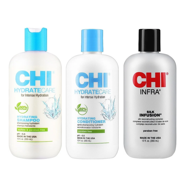 Набор для увлажнения и восстановления волос CHI Hydrate Care Шампунь 355 мл + Кондиционер 355 мл + Жидкий шелк 355 мл - Фото 1 Набор для увлажнения и восстановления волос CHI Hydrate Care Шампунь 355 мл + Кондиционер 355 мл + Жидкий шелк 355 мл - изображение 1
