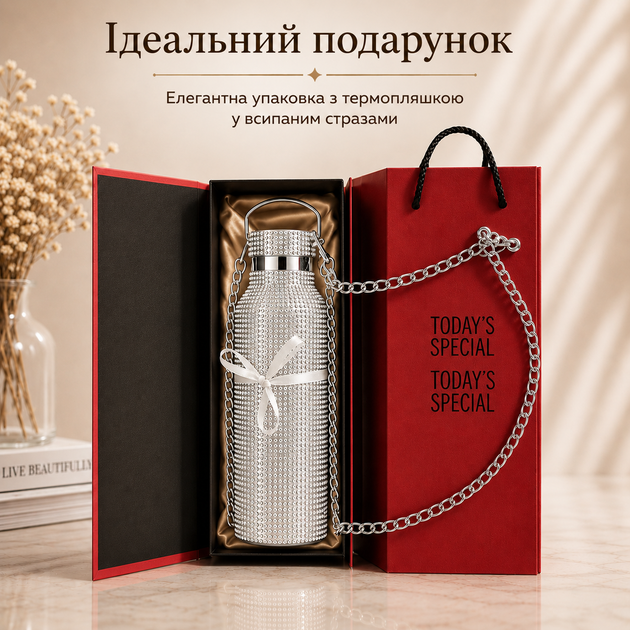 Термобутылка 500 мл со стразами и цепочкой, нержавеющая сталь, Серебристая в подарочной коробке - Фото 8 Термобутылка 500 мл со стразами и цепочкой, нержавеющая сталь, Серебристая в подарочной коробке - изображение 8