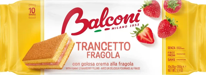 Бісквіти Balconi Trancetto Fragola з полуничним кремом 280 г - Фото 1 Бісквіти Balconi Trancetto Fragola з полуничним кремом 280 г - зображення 1