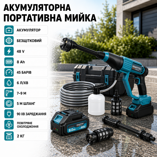 Аккумуляторная портативная мойка Krafftec Germany PRO, 48V, 8 Ah - изображение 4