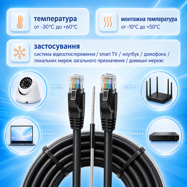 Патч-корд с тросом GEAR Cat5e UTP CCA 100 м наружный черный для подключения сетевого оборудования - изображение 4