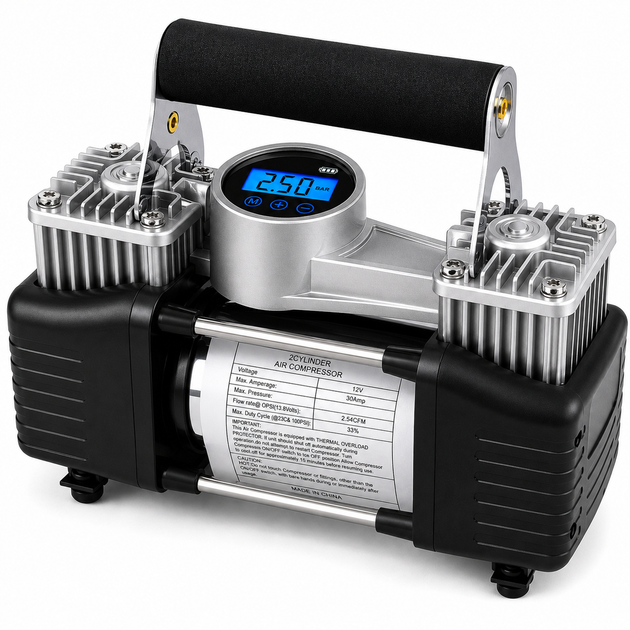 Двухпоршневой автомобильный компрессор с фонариком 12V, 60 л/мин — надежный помощник для дороги и ежедневного использования - изображение 2