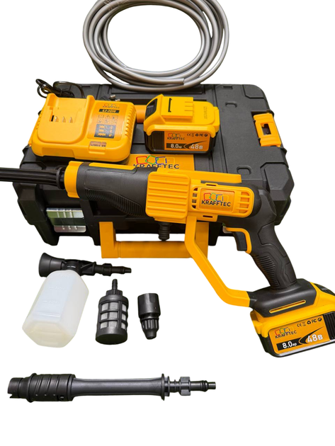 Акумуляторна мийка високого тиску безщіткова Krafftec Germany PRO (48V 8Ah 45 Бар) Ручна автомийка + 2 АКБ та насадки жовта (7567) - изображение 3