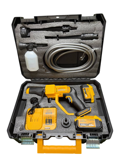 Акумуляторна мийка високого тиску безщіткова Krafftec Germany PRO (48V 8Ah 45 Бар) Ручна автомийка + 2 АКБ та насадки жовта (7567) - изображение 6