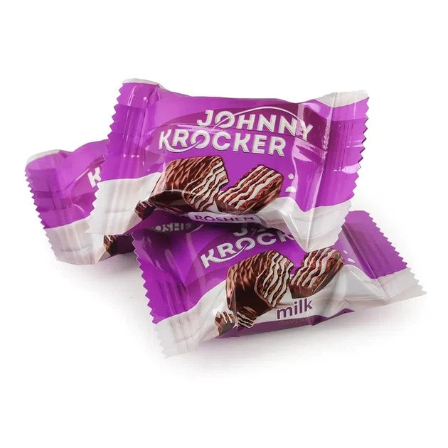 Цукерки «Johnny Krocker Milk» Roshen хрусткі вафлі з молочною начинкою в глазурі, вагові 100 г - Фото 1 Цукерки «Johnny Krocker Milk» Roshen хрусткі вафлі з молочною начинкою в глазурі, вагові 100 г - зображення 1