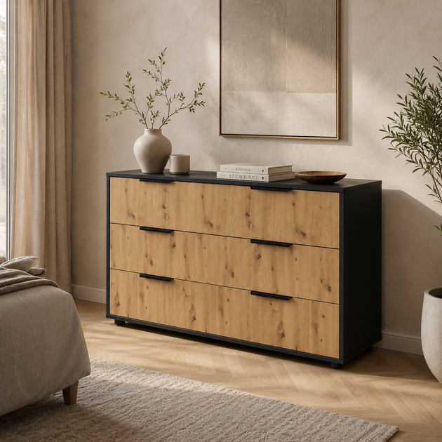Комод Lira 1200х450х750 з шухлядами та чорними металевими ручками, направляючі повного висуву, для спальні, вітальні, передпокою Дуб Артізан/Антрацит - Фото 1 Комод Lira 1200х450х750 з шухлядами та чорними металевими ручками, направляючі повного висуву, для спальні, вітальні, передпокою Дуб Артізан/Антрацит - зображення 1