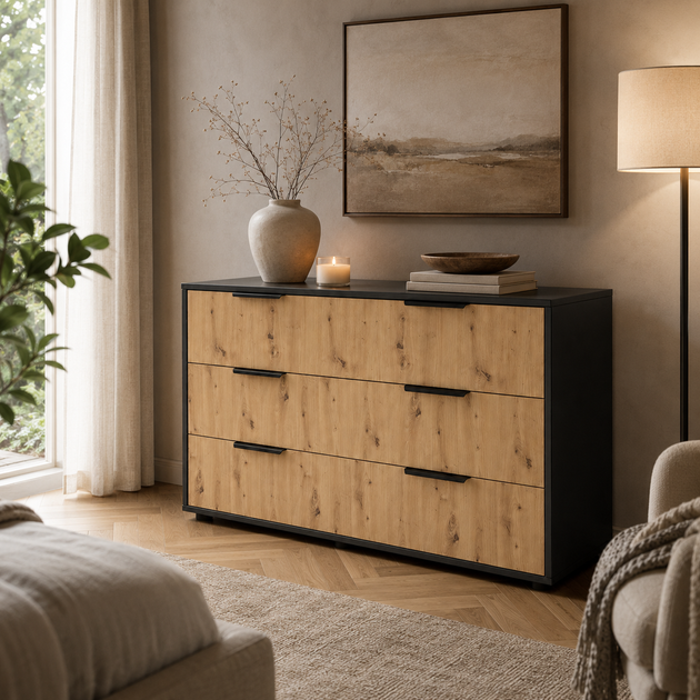 Комод Lira 1200х450х750 з шухлядами та чорними металевими ручками, направляючі повного висуву, для спальні, вітальні, передпокою Дуб Артізан/Антрацит - Фото 2 Комод Lira 1200х450х750 з шухлядами та чорними металевими ручками, направляючі повного висуву, для спальні, вітальні, передпокою Дуб Артізан/Антрацит - зображення 2