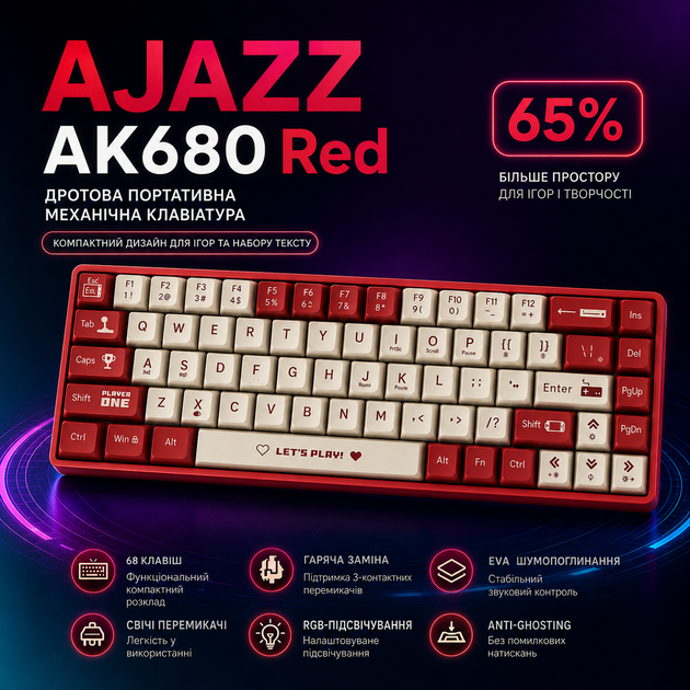 Клавиатура AJAZZ AK680 Red проводная,механическая, RGB-подсветка, Hot-Swap,68 клавиш - изображение 6
