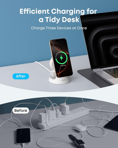 Зарядний пристрій Anker MagGo Wireless Charging Station 3-in-1 15W White - зображення 6