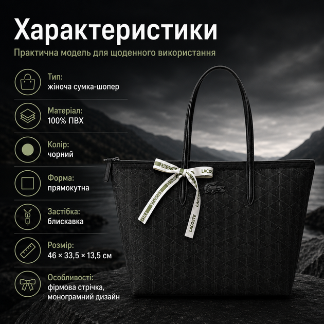 Шоппер Lacoste Monogram 46×33.5 см черный женский на молнии с фирменной лентой, монограммным принтом, длинными ручками и вместительный тоут для города и работы - изображение 3