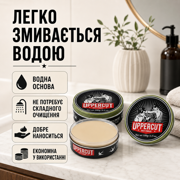 Помада для волос Uppercut Deluxe Matt Pomade 100 г мужская матовая средней фиксации на водной основе с ароматом кофе и карамели - изображение 5