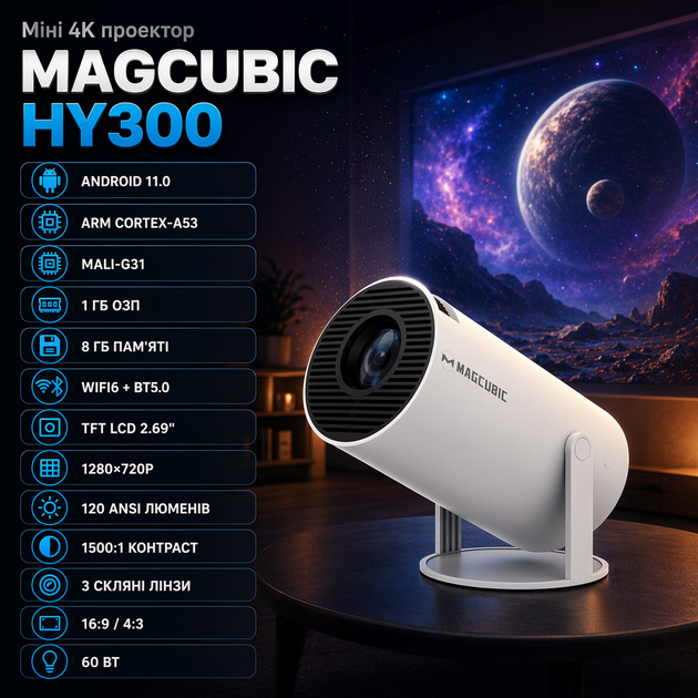 Міні 4K проектор MAGCUBIC HY300 - Фото 4 Міні 4K проектор MAGCUBIC HY300 - зображення 4