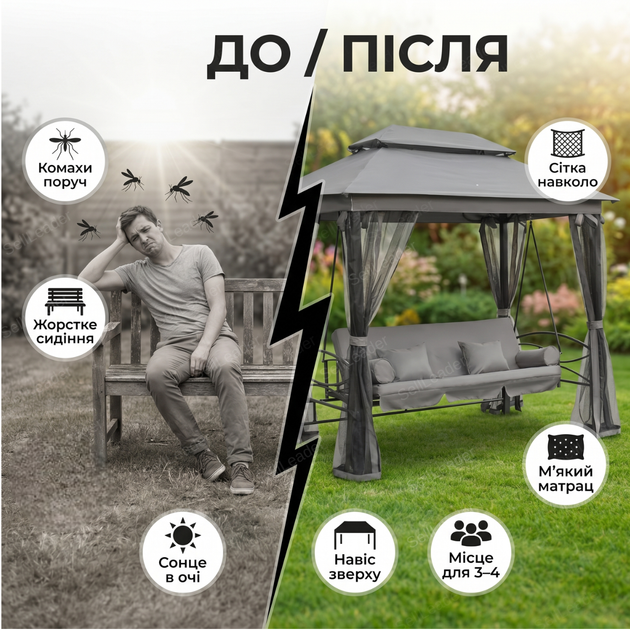 Гойдалка садова Bonro JD3060 245х170х252см 4 місця до 265кг з москітною сіткою для саду дачі тераси сіра - зображення 5