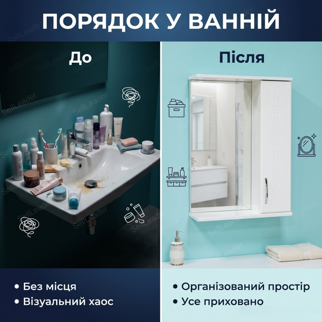Зеркало с шкафчиком Алекса 72х18х50см для ванной шкаф правый для косметики с полкой из лдсп влагостойкий белый - изображение 5