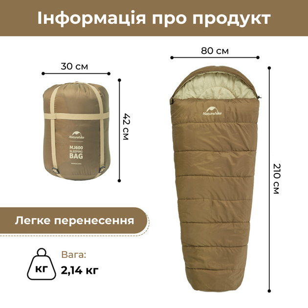 Спальник с капюшоном Naturehike MJ 600 CNK2300SD014, коричневый - Фото 11 Спальник с капюшоном Naturehike MJ 600 CNK2300SD014, коричневый - изображение 11