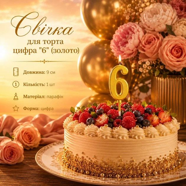 Свечка для торта цифра "6" (золото) - Фото 1 Свечка для торта цифра "6" (золото) - изображение 1