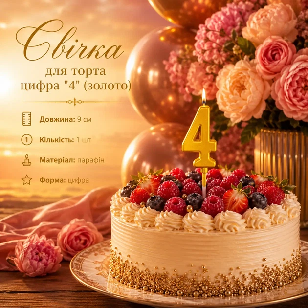 Свечка для торта цифра "4" (золото) - Фото 1 Свечка для торта цифра "4" (золото) - изображение 1