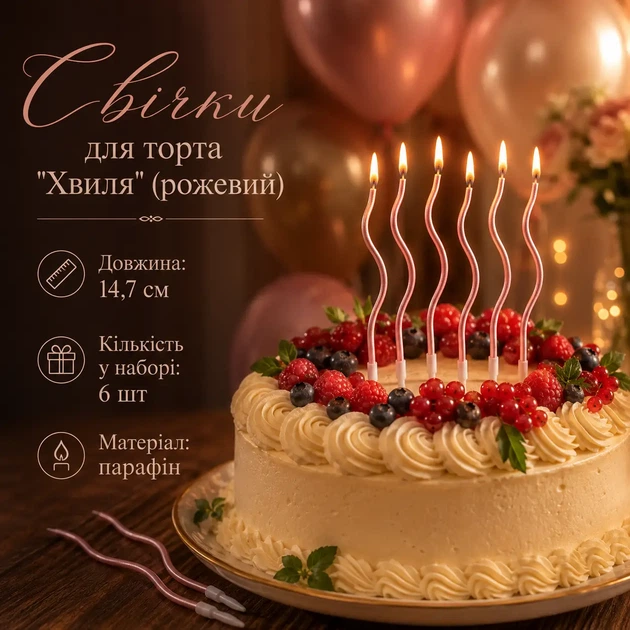 Свечи для торта "Волна" набор 6 шт. (розовый) - Фото 1 Свечи для торта "Волна" набор 6 шт. (розовый) - изображение 1