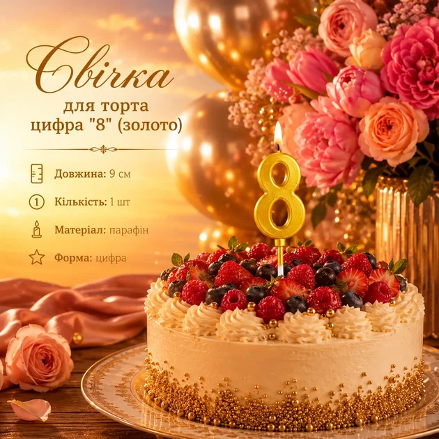 Свечка для торта цифра "8" (золото) - Фото 1 Свечка для торта цифра "8" (золото) - изображение 1